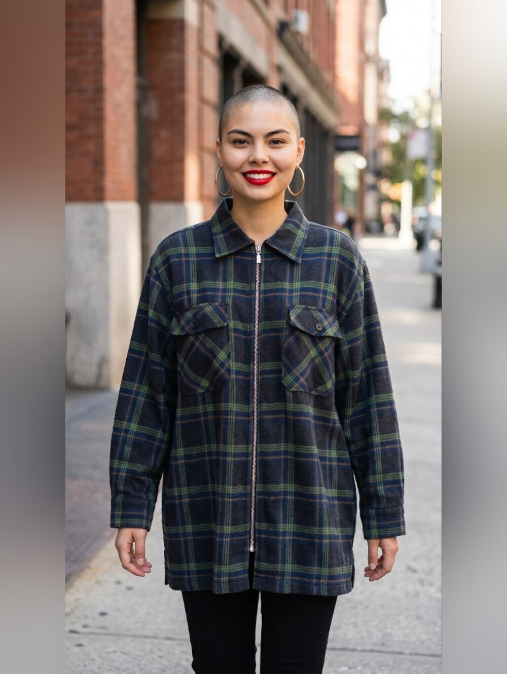 ESSENTIALS  STYLE Women’s Green Plaid Zip-Front Shirt Blouse Size Medium